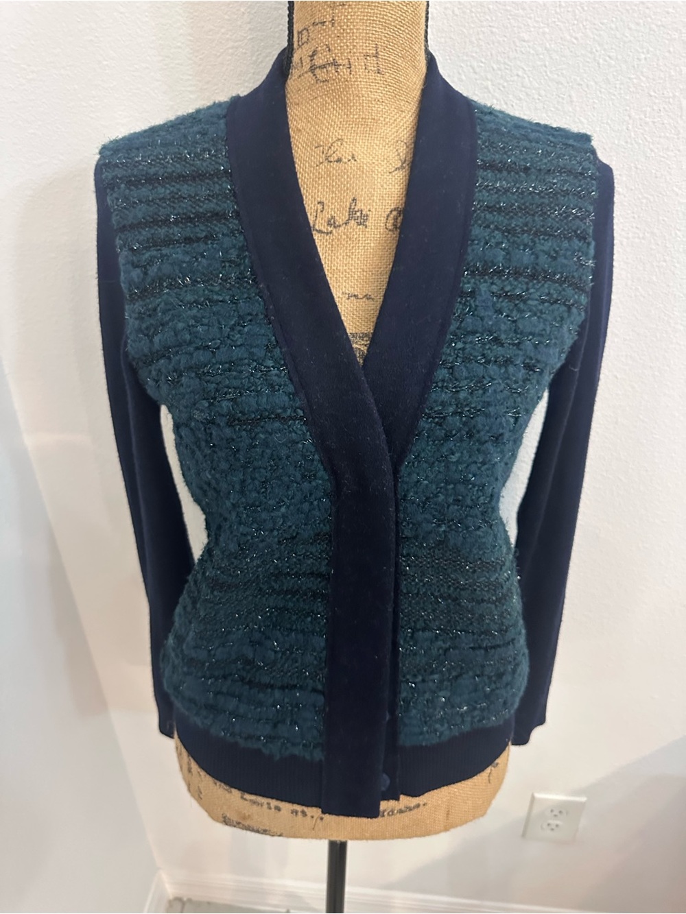 Tory Burch Teal and Navy Textured Open-Front Cardigan